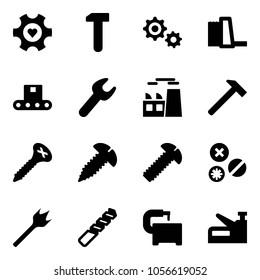 Solid vector icon set - heart gear vector, work, water power plant, conveyor, wrench, hammer, screw, rivet, wood drill, machine tool, stapler