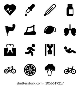 Solid vector icon set - heart pulse vector, pipette, thermometer, pills bottle, power hand, treadmill, lemon, lungs, tooth, run, pull ups, abdominal muscles, bike, slice, broccoli