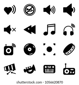 Solid vector icon set - heart beat vector, no horn road sign, volume max, low, off, fast backward, music, wireless headphones, speaker, cd, record button, tambourine, xylophone, toy, piano, radio