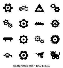 Solid vector icon set - heart gear vector, bike, road for moto sign, gears, limousine, hand wheel, skateboard, saw disk, jack, wheelbarrow, toy cat