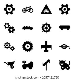 Solid vector icon set - heart gear vector, bike, road for moto sign, limousine, hand wheel, skateboard, saw disk, milling cutter, jack, wheelbarrow, baby car, toy windmill, cat
