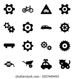 Solid vector icon set - heart gear vector, bike, road for moto sign, limousine, hand wheel, skateboard, saw disk, jack, wheelbarrow, car toy, cat