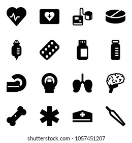 Solid vector icon set - heart pulse vector, first aid kit, tonometer, pill, drop counter, pills blister, bottle, vial, mri, lungs, brain, broken bone, ambulance star, doctor hat, forceps