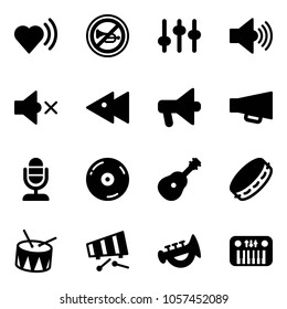 Solid vector icon set - heart beat vector, no horn road sign, settings, volume max, off, fast backward, loudspeaker, microphone, cd, guitar, tambourine, drum, xylophone, toy, piano