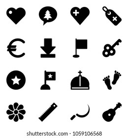 Solid vector icon set - heart vector, merry christmas message, medical label, euro, download, flag, key, star medal, crown, feet, flower, ruler, sickle, guitar