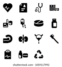 Solid vector icon set - heart pulse vector, patient card, stethoscope, hospital building, tonometer, drop counter, pill, pills bottle, mri, kidneys, bladder, tooth brush, clipboard, uv cream