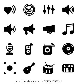 Solid vector icon set - heart beat vector, no horn road sign, settings, volume max, medium, loudspeaker, music, microphone, player, wireless speaker, cd, record button, guitar, drum, toy piano