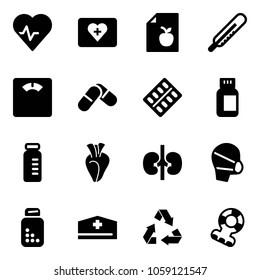 Solid vector icon set - heart pulse vector, first aid kit, diet list, thermometer, floor scales, pills, blister, bottle, vial, kidneys, medical mask, doctor hat, recycling, teethers