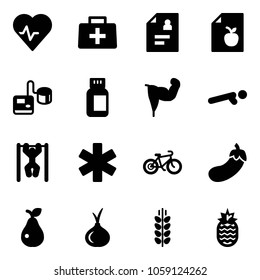 Solid vector icon set - heart pulse vector, doctor bag, patient card, diet list, tonometer, pills bottle, power hand, push ups, pull, ambulance star, bike, eggplant, pear, onion, spica, pineapple