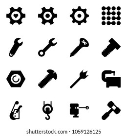 Solid vector icon set - heart gear vector, circuit, wrench, screw, bolt, nut, wood drill, machine tool, winch, laser lever, toy hammer