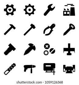 Solid vector icon set - heart gear vector, wrench, plant, hammer, sledgehammer, side cutters, screw, bolt, rivet, milling cutter, drill, machine, jig saw, sharpening