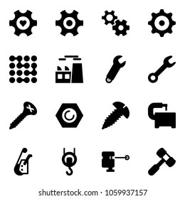 Solid vector icon set - heart gear vector, circuit, plant, wrench, screw, nut, machine tool, winch, laser lever, toy hammer