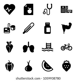 Solid vector icon set - heart pulse vector, diet list, stethoscope, hospital building, tonometer, thermometer, pills bottle, power hand, lungs, pool, bike, sweet pepper, onion, watermelone