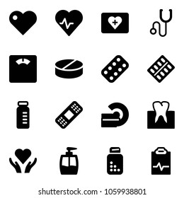 Solid vector icon set - heart vector, pulse, first aid kit, stethoscope, floor scales, pill, pills blister, vial, medical patch, mri, tooth, care, liquid soap, bottle, clipboard