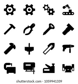 Solid vector icon set - heart gear vector, conveyor, hammer, side cutters, screw, bolt, crown drill, tile, machine, tool, jig saw, stapler, sharpening