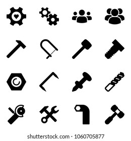 Solid vector icon set - heart gear vector, group, hammer, fretsaw, rubber, bolt, nut, staple, nail dowel, drill, Angular grinder, wrench, allen key, toy