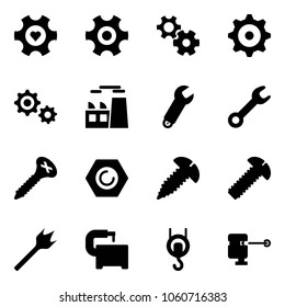 Solid vector icon set - heart gear vector, plant, wrench, screw, nut, wood drill, machine tool, winch, laser lever