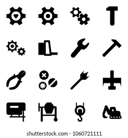 Solid vector icon set - heart gear vector, work, water power plant, wrench, hammer, side cutters, rivet, wood drill, milling cutter, jig saw, cocncrete mixer, winch, excavator toy