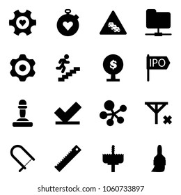 Solid vector icon set - heart gear vector, stopwatch, multi lane traffic road sign, network folder, career, money tree, ipo, pawn, check, molecule, no signal, fretsaw, ruler, crown drill, brush