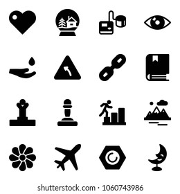 Solid vector icon set - heart vector, snowball house, tonometer, eye, drop hand, turn left road sign, link, book, winner, pawn, career, mountains, flower, plane, nut, moon lamp