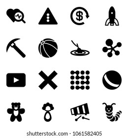 Solid vector icon set - heart diagnosis vector, traffic light road sign, dollar reload, rocket, rock axe, ball, fishing, molecule, playback, delete, circuit, bear toy, beanbag, xylophone