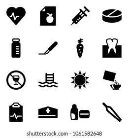 Solid vector icon set - heart pulse vector, diet list, syringe, pill, vial, scalpel, carrot, tooth, no alcohol sign, pool, sun, cereal, clipboard, doctor hat, uv cream, forceps