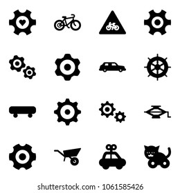 Solid vector icon set - heart gear vector, bike, road for moto sign, gears, limousine, hand wheel, skateboard, jack, wheelbarrow, car toy, cat