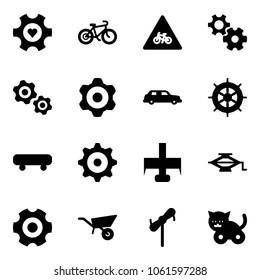 Solid vector icon set - heart gear vector, bike, road for moto sign, gears, limousine, hand wheel, skateboard, milling cutter, jack, wheelbarrow, toy windmill, cat