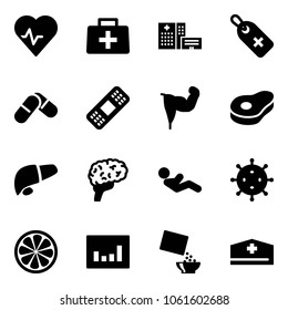 Solid vector icon set - heart pulse vector, doctor bag, hospital building, medical label, pills, patch, power hand, meat, liver, brain, abdominal muscles, virus, lemon slice, statistics, cereal, hat