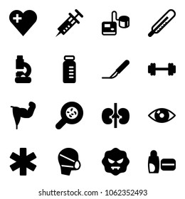 Solid vector icon set - heart vector, syringe, tonometer, thermometer, lab, vial, scalpel, barbell, power hand, bacteria, kidneys, eye, ambulance star, medical mask, virus, uv cream