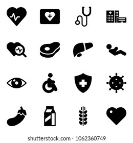 Solid vector icon set - heart pulse vector, first aid kit, stethoscope, hospital building, diagnosis, meat, liver, abdominal muscles, eye, disabled, virus, eggplant, milk, spica