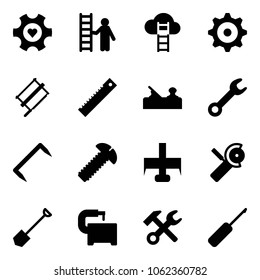 Solid vector icon set - heart gear vector, opportunity, cloud ladder, bucksaw, ruler, jointer, wrench, staple, screw, milling cutter, Angular grinder, shovel, machine tool, hammer, awl