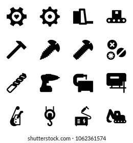 Solid vector icon set - heart gear vector, water power plant, conveyor, hammer, screw, rivet, drill, machine tool, jig saw, winch, welding, excavator toy