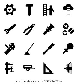 Solid vector icon set - heart gear vector, work, opportunity, cloud ladder, saw, pliers, dowel, rivet, Angular grinder, hoe, rasp, oiler, clamp, trailer, corner ruler, allen key set