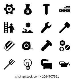 Solid vector icon set - heart gear vector, money bag, work, brick wall, opportunity, reading, wrench, rubber hammer, trowel, measuring tape, screw, rivet, farm fork, bulb, machine tool, oiler