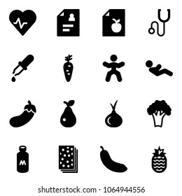 Solid vector icon set - heart pulse vector, patient card, diet list, stethoscope, pipette, carrot, gymnastics, abdominal muscles, eggplant, pear, onion, broccoli, milk, breads, banana, pineapple