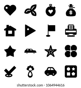 Solid vector icon set - heart vector, three leafs, stopwatch, money bag, home, play, flag, printer, star medal, limousine, starfish, atom core, check, beanbag, car, cube hole toy