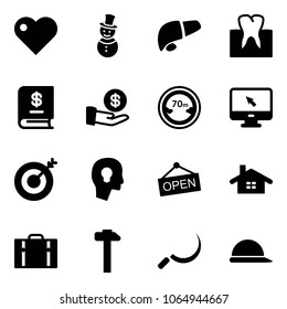 Solid vector icon set - heart vector, snowman, liver, tooth, annual report, investment, limited distance road sign, monitor cursor, target, head bulb, open, home, suitcase, hammer, sickle
