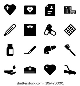 Solid vector icon set - heart vector, first aid kit, patient card, hospital building, thermometer, floor scales, pills, blister, bottle, scalpel, liver, tooth brush, drop hand, doctor hat