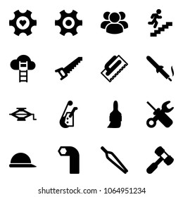 Solid vector icon set - heart gear vector, group, career, cloud ladder, saw, trowel, soldering iron, jack, winch, brush, wrench screwdriver, construction helmet, allen key, forceps, toy hammer