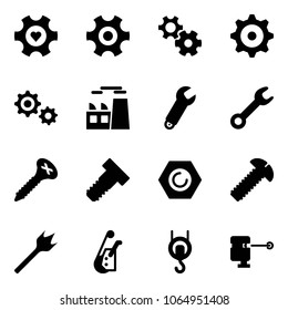 Solid vector icon set - heart gear vector, plant, wrench, screw, bolt, nut, wood drill, winch, laser lever