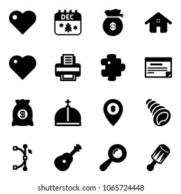Solid vector icon set - heart vector, christmas calendar, money bag, home, printer, puzzle, schedule, crown, atm map pin, shell, bezier, guitar, beanbag