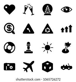 Solid vector icon set    heart vector  wine glasses  snowball tree  eye  money click  turn left road sign  round motion  arrows up  circle chart  pawn  sun  palm  photo  plane  cube toy  car