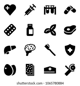 Solid vector icon set - heart vector, syringe, vial, pills, blister, bottle, three leafs, meat, liver, brain, tooth brush, eggs, breads, doctor hat, Angular grinder
