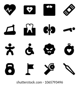 Solid vector icon set - heart pulse vector, first aid kit, floor scales, medical patch, treadmill, tooth, kidneys, push ups, gymnastics, disabled, virus, stopwatch, weight, flag, Angular grinder