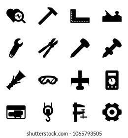 Solid vector icon set - heart diagnosis vector, hammer, corner ruler, jointer, wrench, bolt cutter, nail, dowel, protective glasses, milling, multimeter, generator, winch, clamp, gear