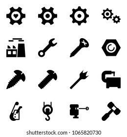 Solid vector icon set - heart gear vector, plant, wrench, screw, nut, wood drill, machine tool, winch, laser lever, toy hammer