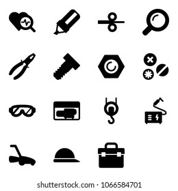 Solid vector icon set - heart diagnosis vector, highlight marker, steel rolling, magnifier, pliers, bolt, nut, rivet, protective glasses, generator, winch, welding, lawn mower, construction helmet
