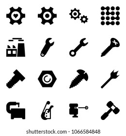 Solid vector icon set - heart gear vector, circuit, plant, wrench, screw, bolt, nut, wood drill, machine tool, winch, laser lever, toy hammer