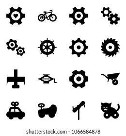 Solid vector icon set - heart gear vector, bike, gears, hand wheel, saw disk, milling cutter, jack, wheelbarrow, car toy, baby, windmill, cat